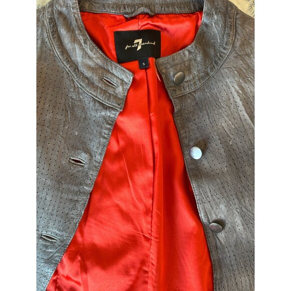 7 For All Mankind Womens Gray Leather Perforated Jacket‎ Red Lining Grunge Moto - Picture 9 of 11